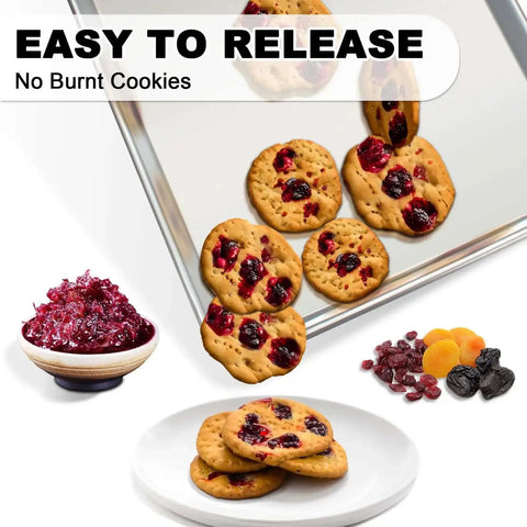 Heavy Duty Half Sheet Pans With Rack Set for Baking and Roasting, cookies on nonstick surface, dried fruits, easy release, no burnt cookies