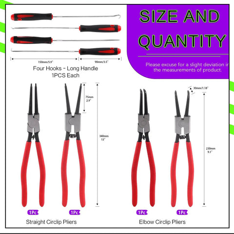 Diagram with 13 Inch Snap Ring Pliers Kit With Pick And Hook Set, showing eight pliers and four precision picks for repair.