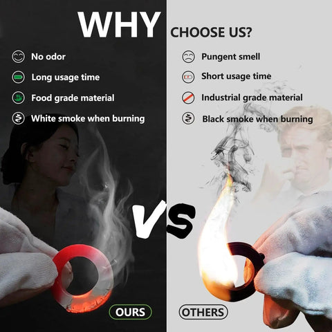 Red silicone garden hose washer in a side-by-side OURS vs OTHERS infographic, held by a gloved hand.