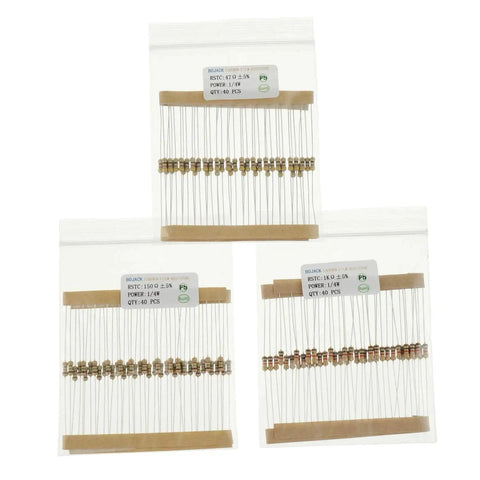 BOJACK carbon film resistor kit, three sealed bags, 25 values, 1/4W, 5% tolerance