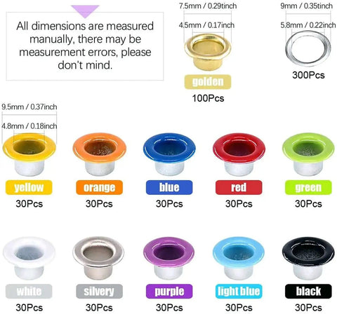 Various multicolor 3/16 inch eyelets for the Heavy Duty Pro Grade Eyelet Pliers Kit, showing different colors and quantities.
