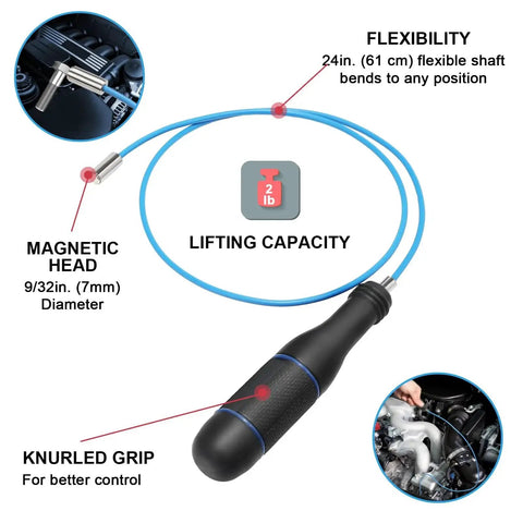 Flexible Magnetic Pickup Tool Set For Tight Spots 28 Inch Bendable Shaft With 4mm And 7mm Magnetic Heads Includes Mini Tray And Long Magnetic Pickup Tool For Retrieving Nuts Bolts And Metal Pieces From Small Gaps And Cracks