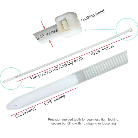 Diagram of Heavy Duty Self Locking Nylon Zip Ties 100 Pack Ten Point Two Four Inch Length 48 Pound Tensile Strength, showing locking and guide heads.