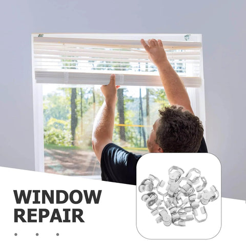 Man adjusting window blinds with 25 Pcs Sliding Door Rollers With Metal Folding Door Track Wheels for office and home partitions.