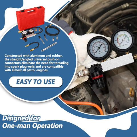 Compression Leakdown Tester Kit For Gasoline Engines Handor Dual Gauge With Universal Connectors And Adapters in use.