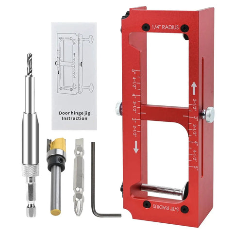 Aluminum Alloy Door Hinge Mortiser And Adjustable Jig For Hinge Installation From 2.5 Inch To 5 Inch In Length Supports Square Corner And Radius Hinges One Quarter Inch And Five Eighth Inch With Built In Depth Gauge For Precise Mortises with components and manual.