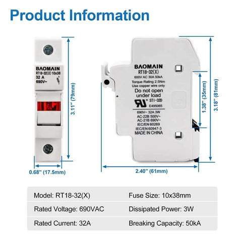 Diagram of All In One Fuse Holder Kit With Ten 5A Ceramic Fuses 10X38MM 1 Pole DIN Rail Mount LED Indicator CE Certified