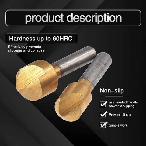 Two titanium-plated cutter bits from the Three Piece HSS Chamfer Countersink End Mill Set For Woodworking With 90 Degree Single Flute.