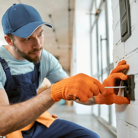 Electrician wearing orange gloves working on a wall socket installation with a screwdriver