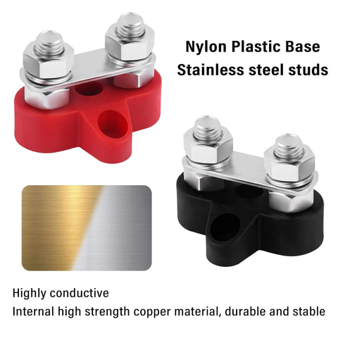 2 Pack Battery Terminal Distribution Block With M8 Dual Studs Bus Bar Terminal Block For Top Post Battery Terminals Negative And Positive 12V Power Distribution Block For Car Truck Marine And Heavy Duty Applications, shown with red and black bases and stainless steel studs.