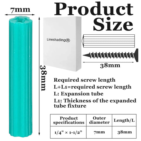 Illustration of Expanding Plastic Screw Anchors 200-Piece Green Anchor Set with 1/4 Inch Hole, measurement details shown.