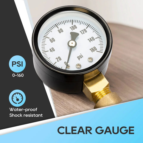 RV water pressure regulator valve with gauge, brass inlet and black body, 0-160 psi dial