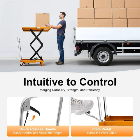 Front view of orange hydraulic scissor lift table cart with four locking wheels lifting a box beside a cargo truck.
