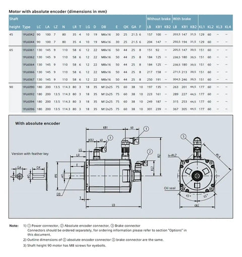 CHUNYE S-1FL6 servo motor with brake and absolute encoder; front and side views with dimension table.