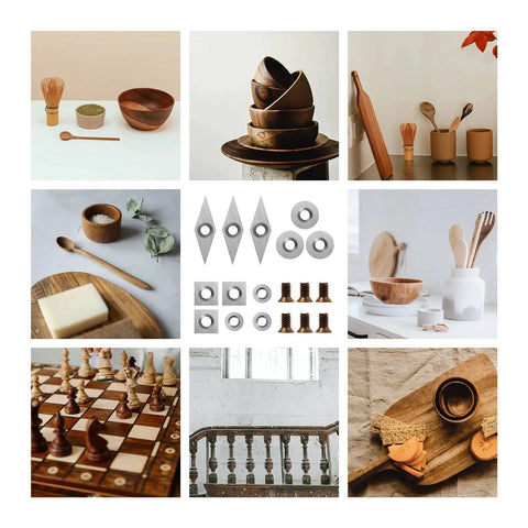 Collage of wooden kitchen utensils, carbide cutter inserts, chess set, and wooden staircase and tray.