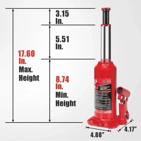 10 Ton Hydraulic Bottle Jack For Auto Repair And Home Lifts With Serrated Saddle shown with dimensions in inches.