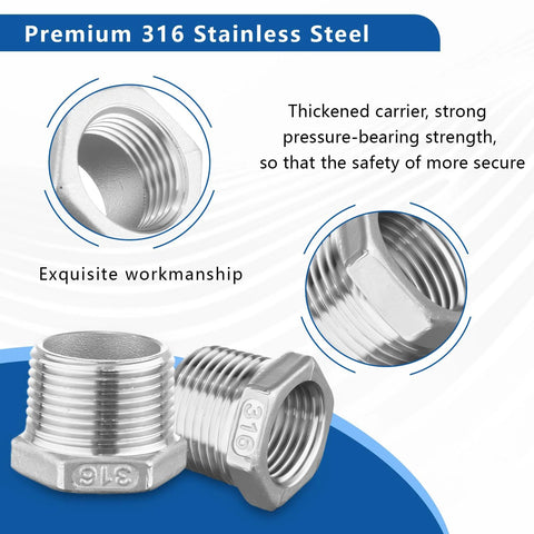 Two 316 stainless steel hex bushing reducers, 3/4 in NPT male to 1/4 in NPT female, corrosion-resistant plumbing fittings