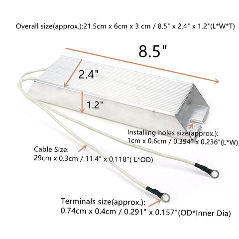 Side view of Dahszhi 300W 70Ω aluminum-housing wirewound braking resistor with solder lug terminals and two leads.