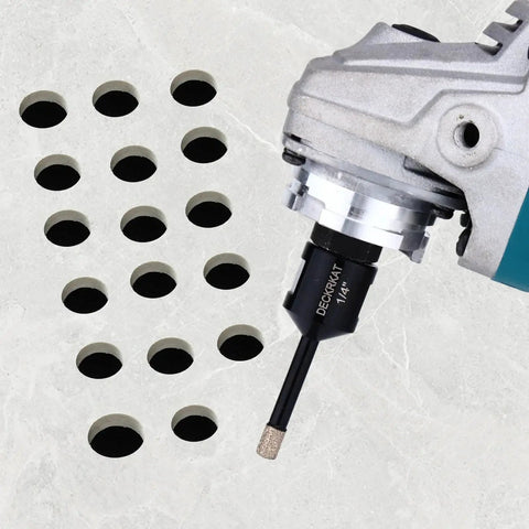 Angle grinder with Two Pack 1/4 Inch Diamond Core Drill Bits For Dry And Wet Drilling On Granite Marble Ceramic Glass Porcelain Tiles Stones And Flower Pots With 5/8-11 Thread For Angle Grinders Including Tile Hole Saw Bits next to drilled holes on tile surface.