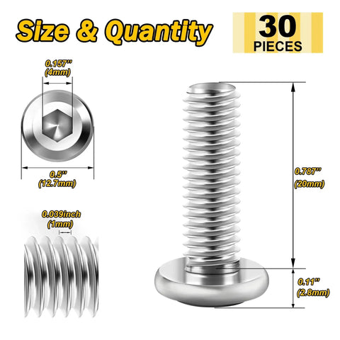 Detailed view of 30Pcs M6 Socket Head Cap Screws Kit With 20mm Length And 1.0 Pitch Stainless Steel 304 Full Thread Hex Drive Includes Hex Wrench For Furniture Making And General Hardware Projects.