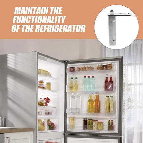 Open refrigerator with an inset image showing an Automatic Stainless Steel Freezer Door Closer Pivot Hinge Replacement on the side.