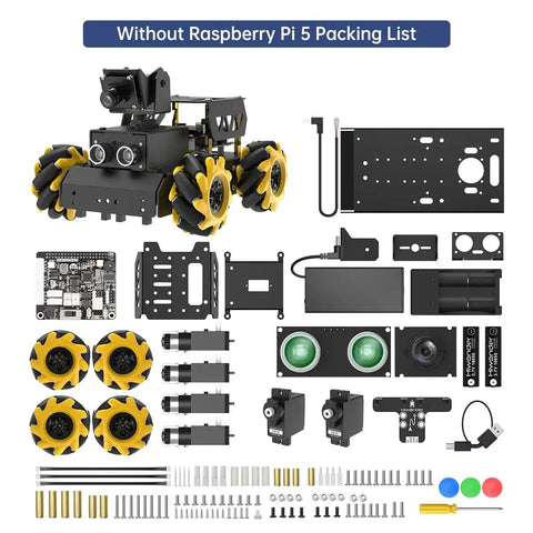 Raspberry Pi 5 AI Vision Robot Car Kit with components, Mecanum wheels, 2DOF HD camera, and Open Source Python programming for teens
