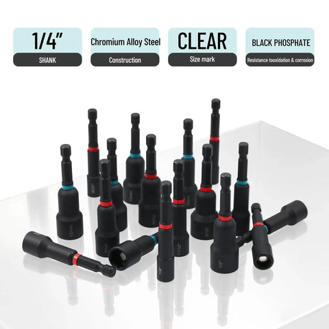 29-Piece Magnetic Nut Driver Set With 1/4 Inch Hex Shank displayed on table showing driver sizes and construction details.