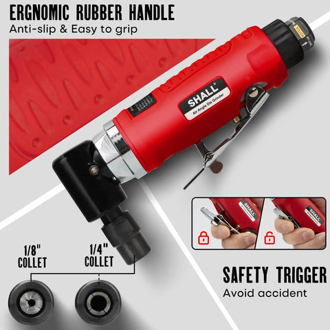 Right Angle Die Grinder Kit With 90 Degree Head 1/4 Inch And 1/8 Inch Collets displayed with ergonomic rubber handle