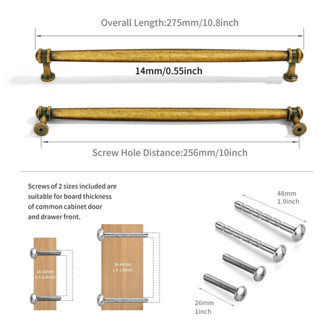 Diagram of 10 Inch Antique Brass Cabinet Pulls 2 Pack Heavy Duty Zinc Alloy Handles with screw sizes and spacing details.