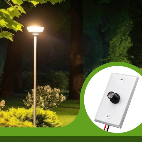 Two Pack Photocell Sensor Kit for Outdoor Lights With Wall Plate, hardwired control, sensor with wall plate, glowing outdoor lamp