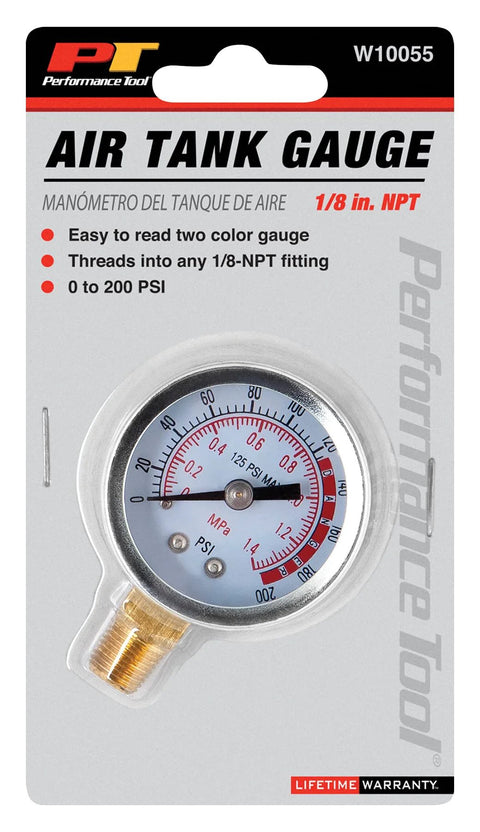 Air gauge W10055, white-faced dial, 0-200 PSI, 1/8 in NPT fitting, Performance Tool, Amazon brand