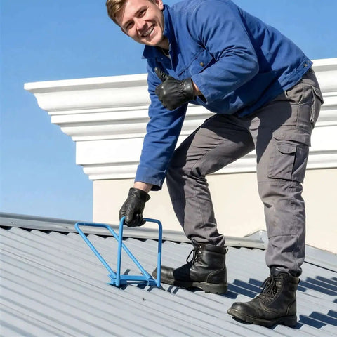 Worker using Heavy Duty Standing Seam Roofing Tool Metal Bender 13 X 7.9 Inch on metal roof for sheet metal work