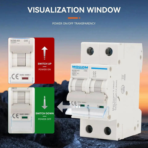 2 Pole Miniature Circuit Breaker 20A C20 6KA Breaking Capacity 110-240V AC Thermal Magnetic Trip displayed with switch options