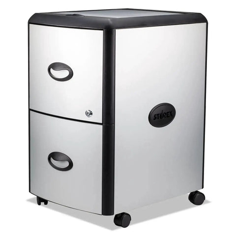 Front view of two drawer mobile file cabinet with locking drawers for security letter file rails and front label holders in silver and black.