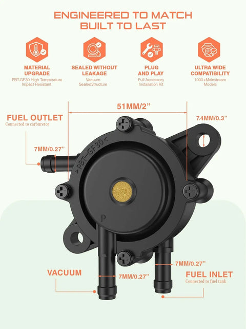 Front view of a heavy duty fuel pump for small engines fits lawn mowers and golf carts with filter and oil hose built to last