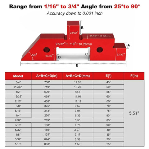 Aluminum Setup Blocks 14 Piece Set With Case For Woodworking Includes Height Gauge Router Table Saw Depth And Angle Fence Alignment Gauges For Precise Pro Grade Setup In Your Home Shop diagram and measurements.