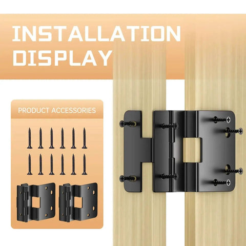 Installation display of Six Pack Five Knuckle Door Hinges For Three Quarter Inch Thick Doors, showing black hinges and screws.