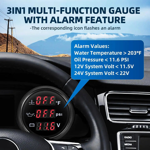 All In One 3 In 1 Boat Gauge Kit For Marine Use Water Temp 104F To 248F Oil Pressure 0 To 145 PSI Voltmeter 9 To 32V 2 Inch 52mm Auto Gauge