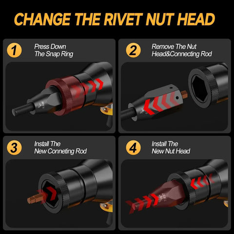 Instructions for changing the nut head on Cordless Rivet Nut Gun For Dewalt 20V Max Battery With Auto Mode And Memory One Quarter Inch Five Sixteen Inch Three Eighth Inch Nut Heads Go Anywhere Portable Rivnut Tool Tool Only.