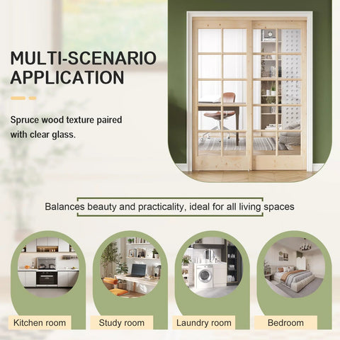 Preassembled Solid Spruce Wood Double Sliding Closet Doors Set With Bypass Hardware Track Kit 60 Inch By 80 Inch Two 31 Inch Tempered Clear Glass Panels Barn Door Slab For Interior Pantry Kitchen Built To Last Rustic Style installed in a living room