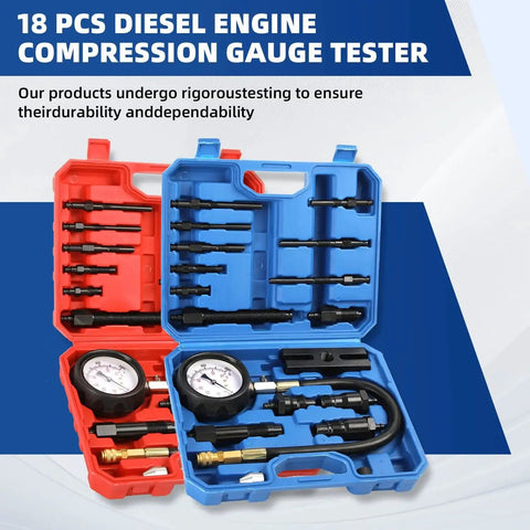 18-piece diesel engine compression gauge tester kit in red and blue cases with dial gauges and attachments