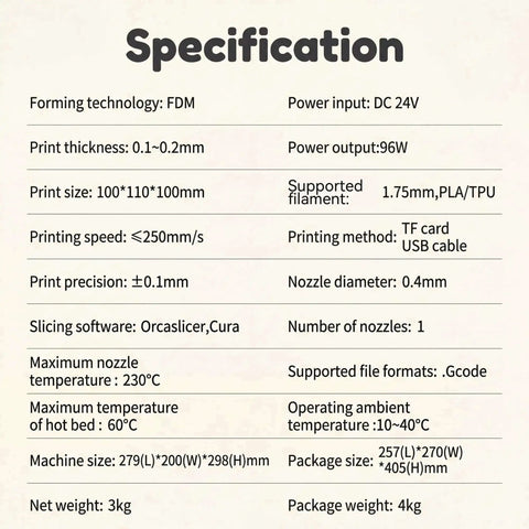 Specifications sheet for Kid Friendly 3D Printer For Beginners With Auto Leveling And High Speed Printing Direct Drive Extruder.