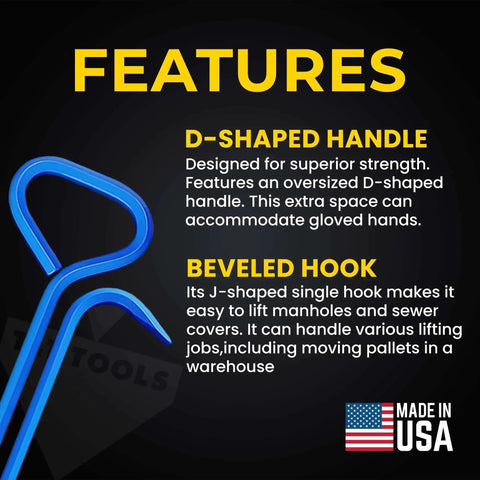 30 Inch Manhole Cover Hook Tool With Five Eighths Inch Hex Alloy Steel Hook showing features like D-shaped handle and beveled hook.