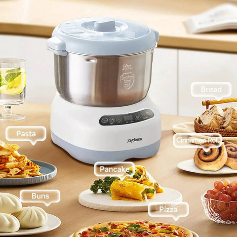 Joydeem electric dough maker with ferment function, 7.4 Qt, white base and stainless steel bowl, front view