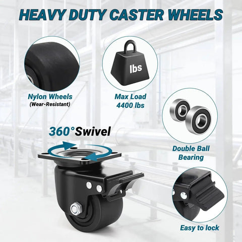 Four 3-inch nylon plate-swivel casters with brakes; heavy-duty, 4400 lb capacity, corrosion-resistant equipment front view