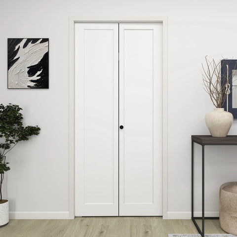 36 Inch By 80 Inch Bifold Barn Door With Hardware Kit White Primed Single Panel Shaker Style Interior Door For Closets Pantries And Laundry Rooms Hollow Core Construction Ready To Paint installed in living room