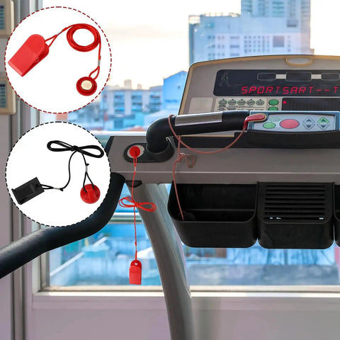 Two Pack Universal Treadmill Magnet Safety Key With Clip And Emergency Stop Replacement shown on treadmill console in gym