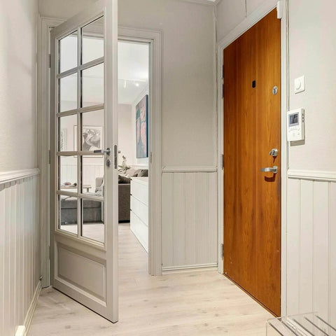 Hallway with wooden door featuring 3 Pack 4x4 Inch Ball Bearing Door Hinges Stainless Steel Exterior Heavy Duty 304 Stainless Brushed Nickel Finish