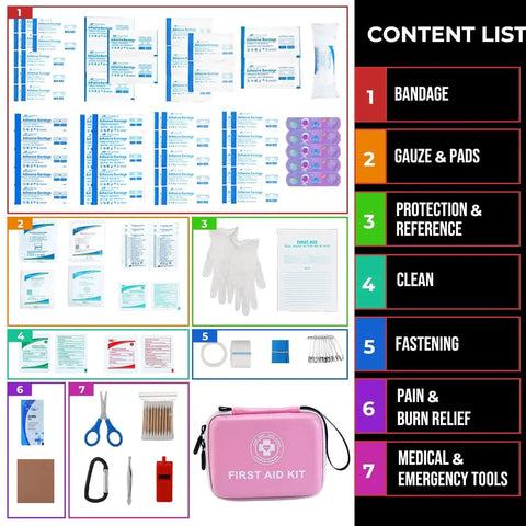 Small 165 Piece Dual Color First Aid Kit Must-Have With Hard Shell Case And Fluorescent Exterior For Home Car Travel Hiking And Outdoor Pink White Emergency Medical Kit contents layout