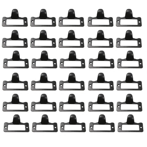 30 Pack Label Tag Holder Pull Handles In Black Zinc Alloy Drawer Pulls For Cabinets Cupboards Shelves Dressers And Office Furniture Measuring 1.85 By 1.38 Inches For Label Card Organization displayed in a grid layout on white background.